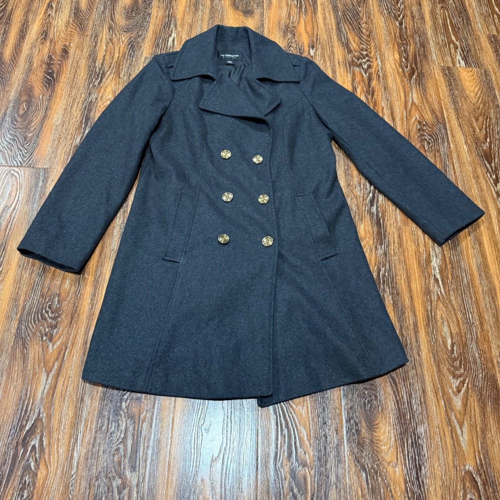 Liz Claiborne L Pea Coat Women Gray Wool Blend Double Breasted Gold Buttons